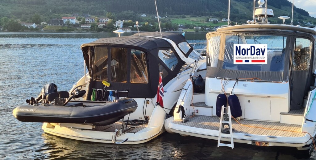 NorDav premium Norwegian swivel davit system for dinghy and jet ski storage on luxury yachts.