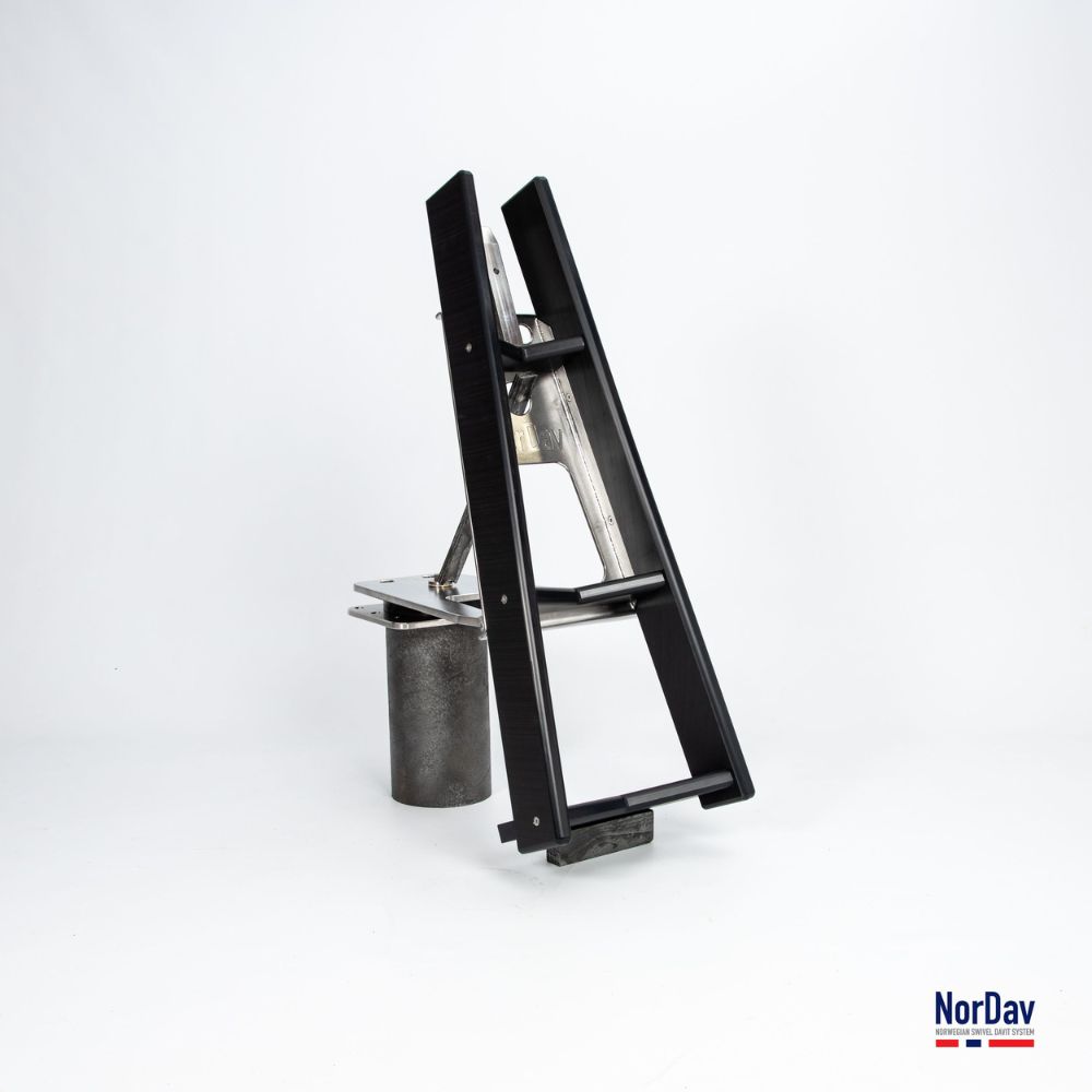 Standalone vertical view of the black NorDav V Duplex-BL 350kg swivel davit system showing the electro-polished stainless steel frame and V-profile hull crib.