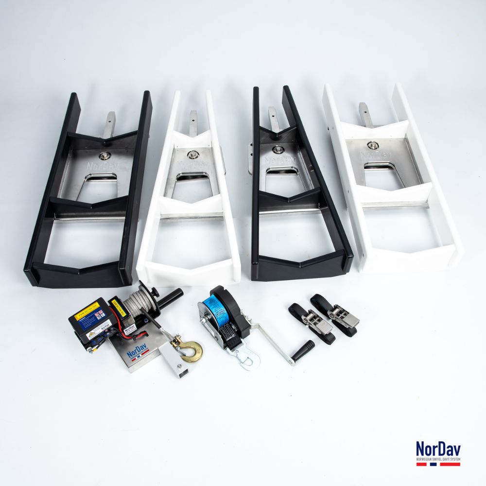 NorDav premium Norwegian swivel davit system for dinghy and jet ski storage on luxury yachts.