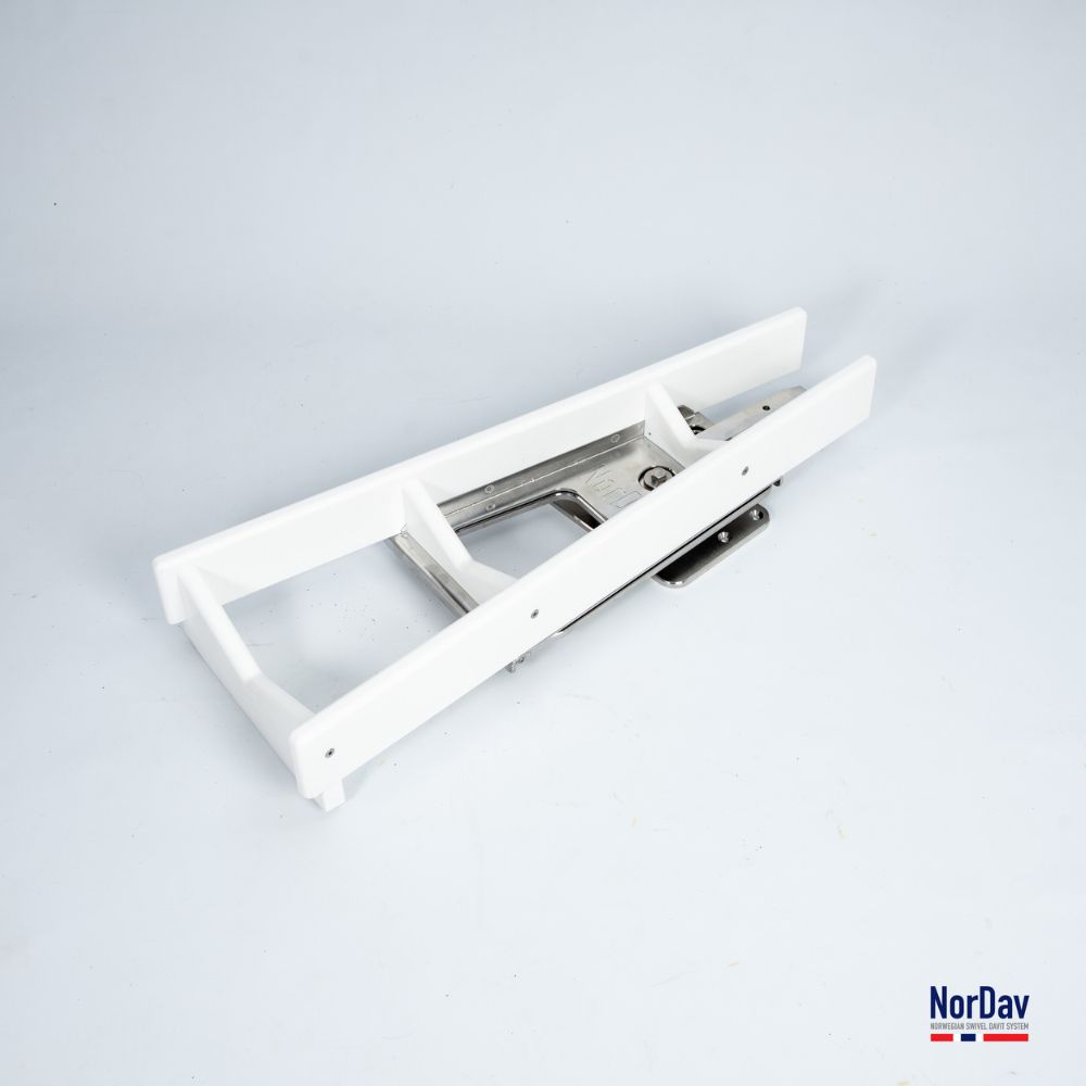 NorDav premium Norwegian swivel davit system for dinghy and jet ski storage on luxury yachts.