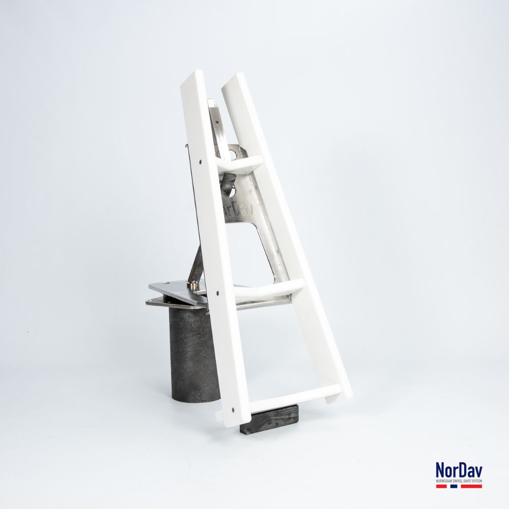 NorDav premium Norwegian swivel davit system for dinghy and jet ski storage on luxury yachts.