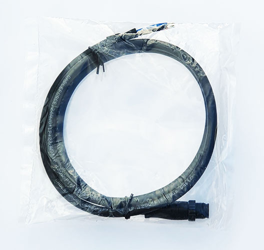 Close-up view of the heavy-duty five-pin female threaded connector on a marine NMEA 2000 cable.