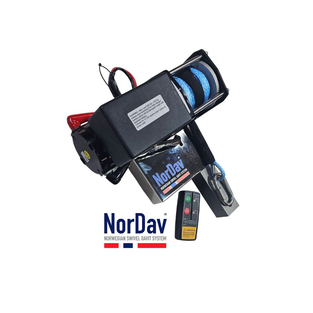 High performance NorDav 12V winch power unit setup on a heavy jet ski davit assembly.