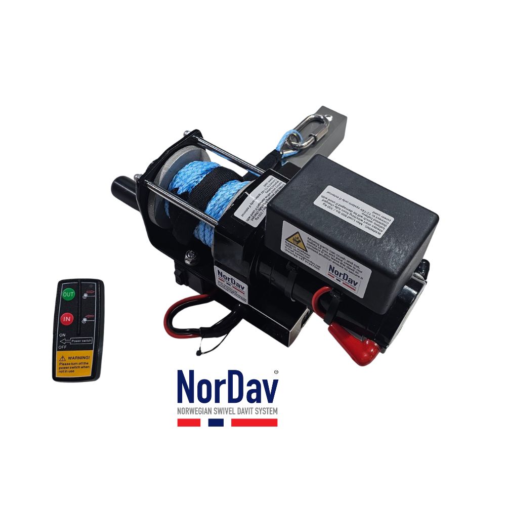 NorDav 907 electric winch kit optimized to power a 350kg capacity swivel davit system.