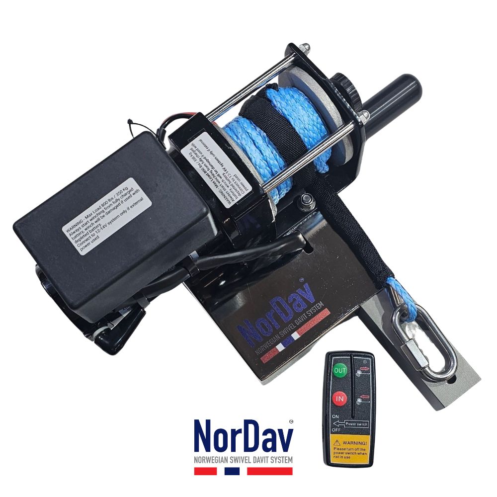 NorDav 907 high torque electric winch configured for heavy 500kg boat davit operations.