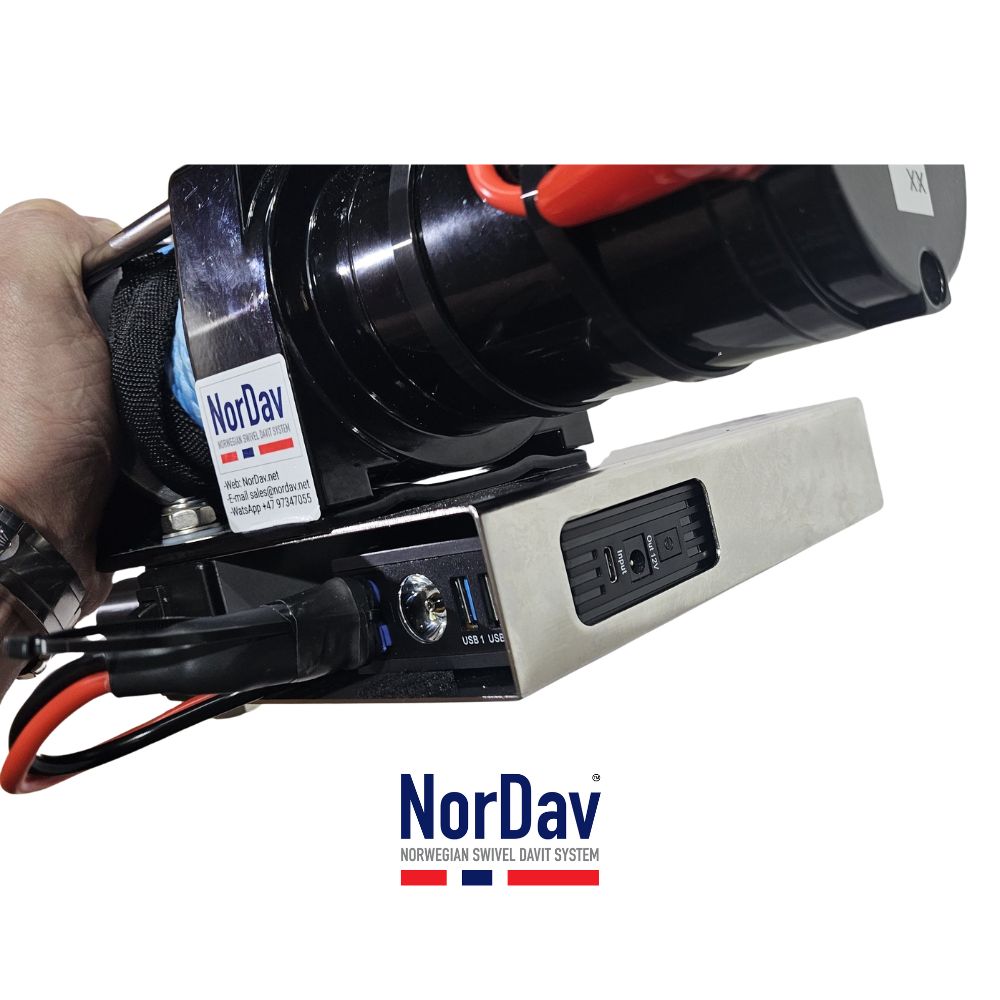 Fully unboxed NorDav davit system electric winch kit engineered for New Zealand marine fleets.