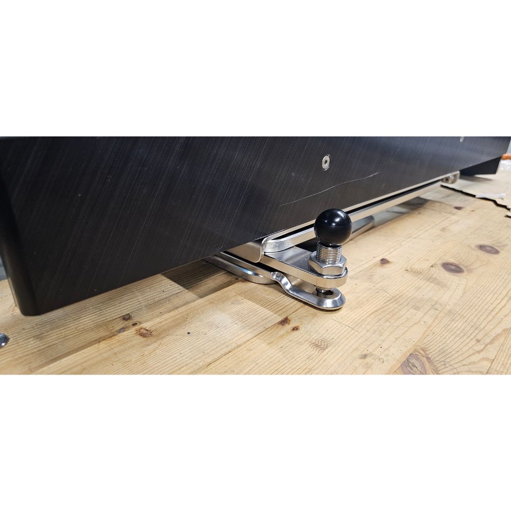 Close-up view of the spring-loaded indexing pin locking a NorDav horizontal H-frame davit securely on a boat transom.