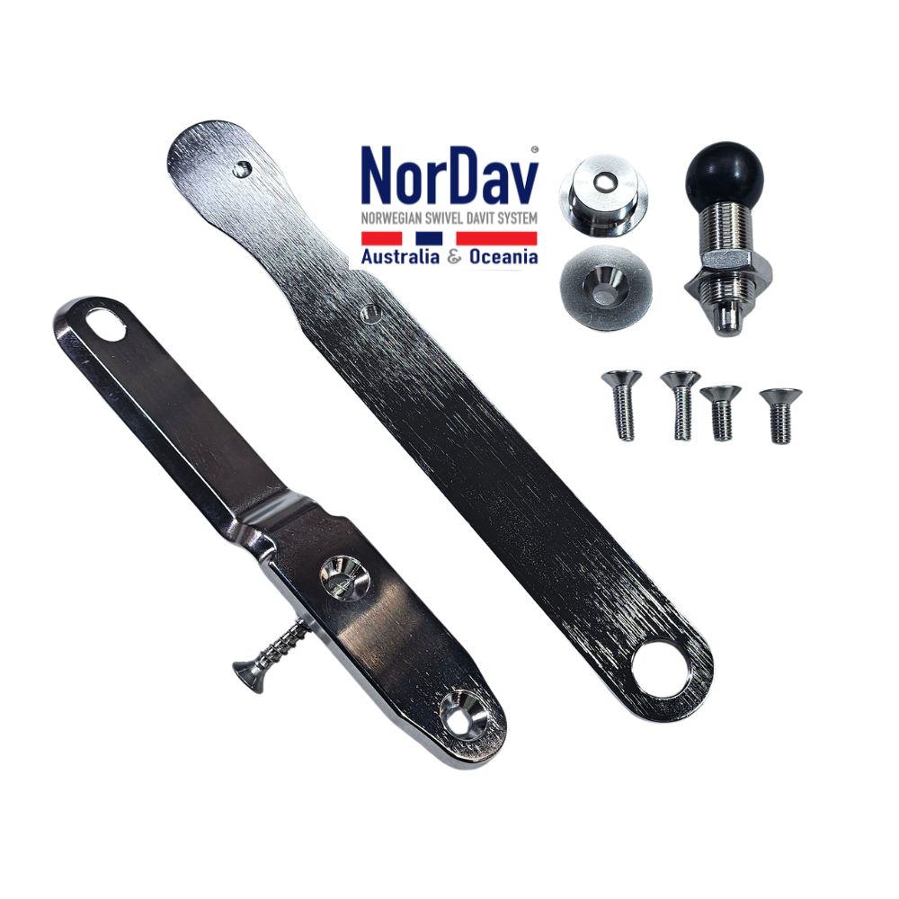 NorDav H-series standard rotation stop pin mechanism securing a jet ski davit mount cradle on a swim platform in New Zealand.