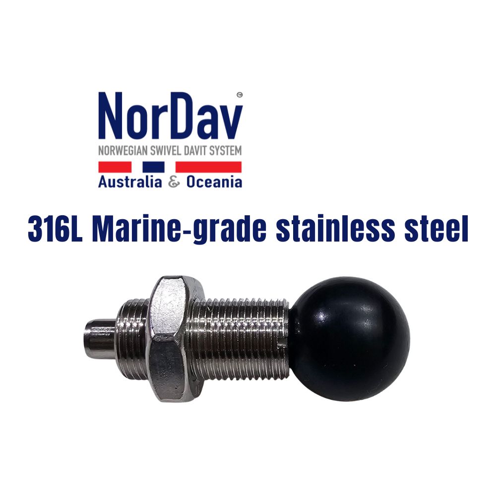 NorDav custom-made 316L stainless steel M20x1.5 thread indexing plunger bolt for marine swivel davit assemblies in Australia.