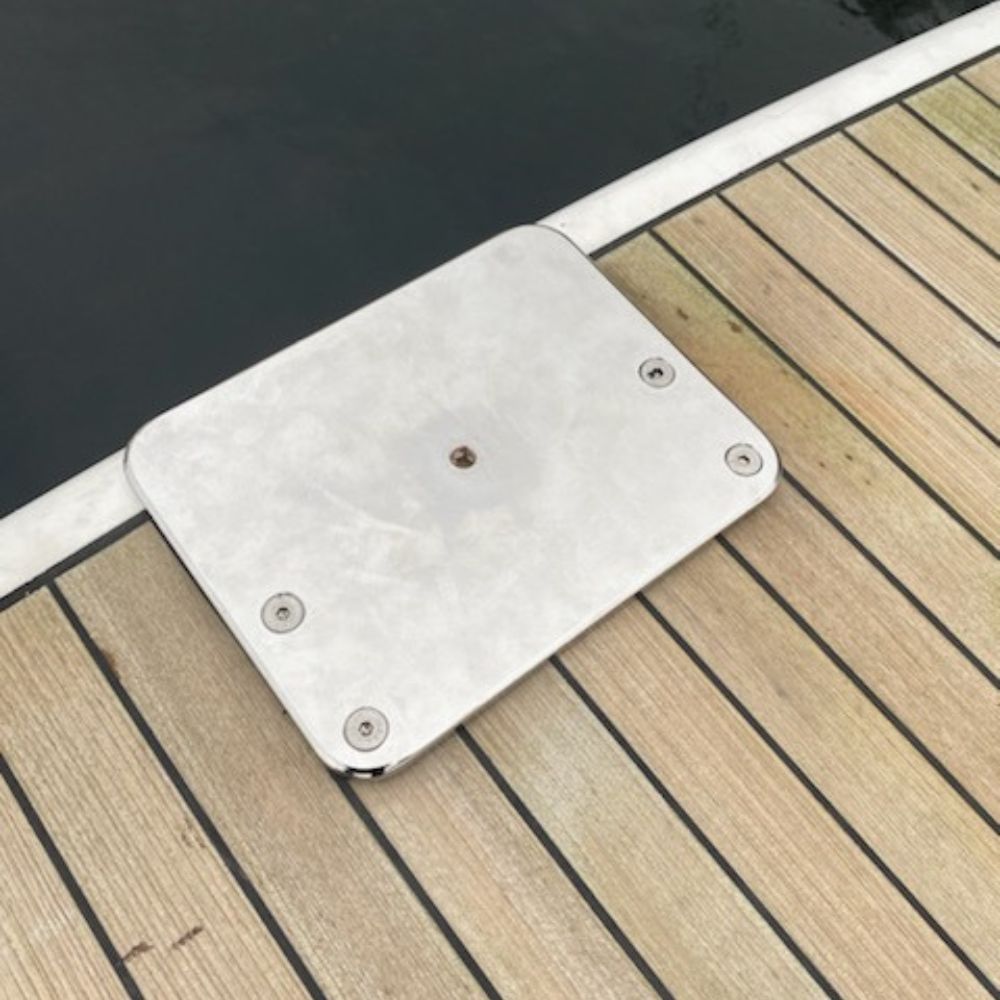 Precision-machined quick-release davit base deck plate for sleek transom integration in Oceania.