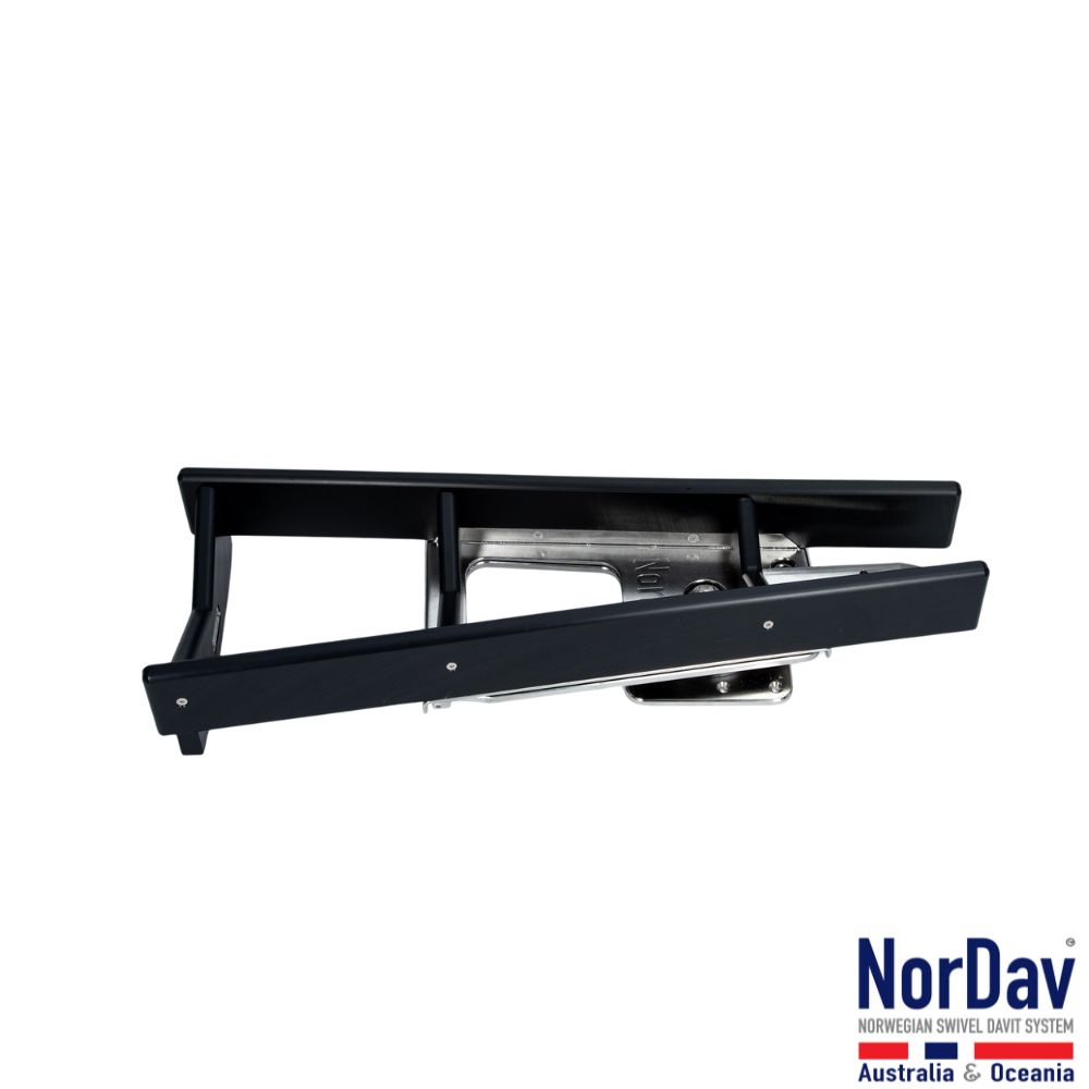 Close-up view of the extended spring-loaded indexing pin locking a vertical V-frame davit securely on an extended boat platform.