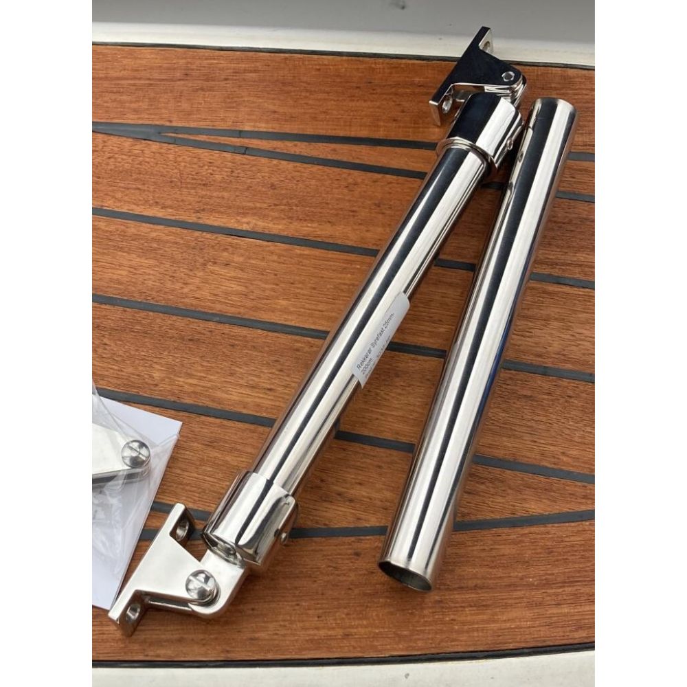 Heavy-duty 316 stainless steel swim platform extension mount stabilizing brace anchored past a transom deck edge in Oceania.