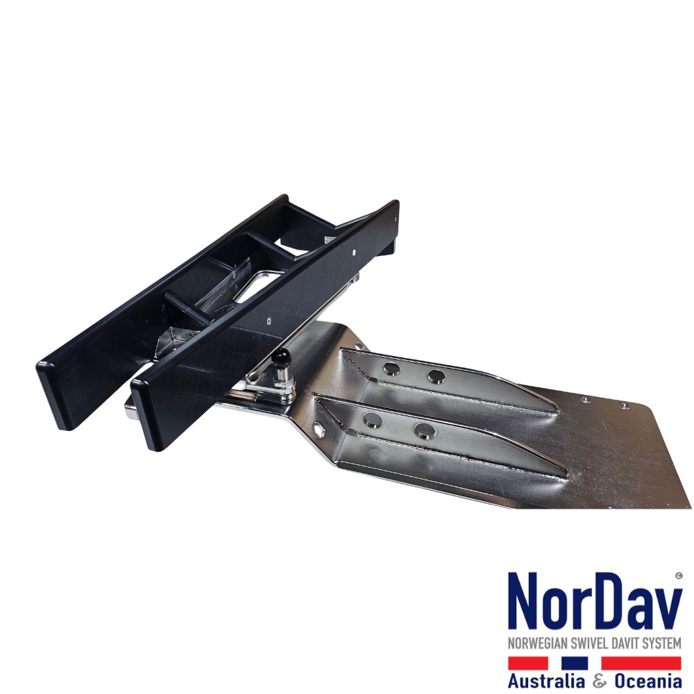 Close-up view of the extended spring-loaded indexing pin locking a horizontal H-frame davit securely on an extended boat platform.