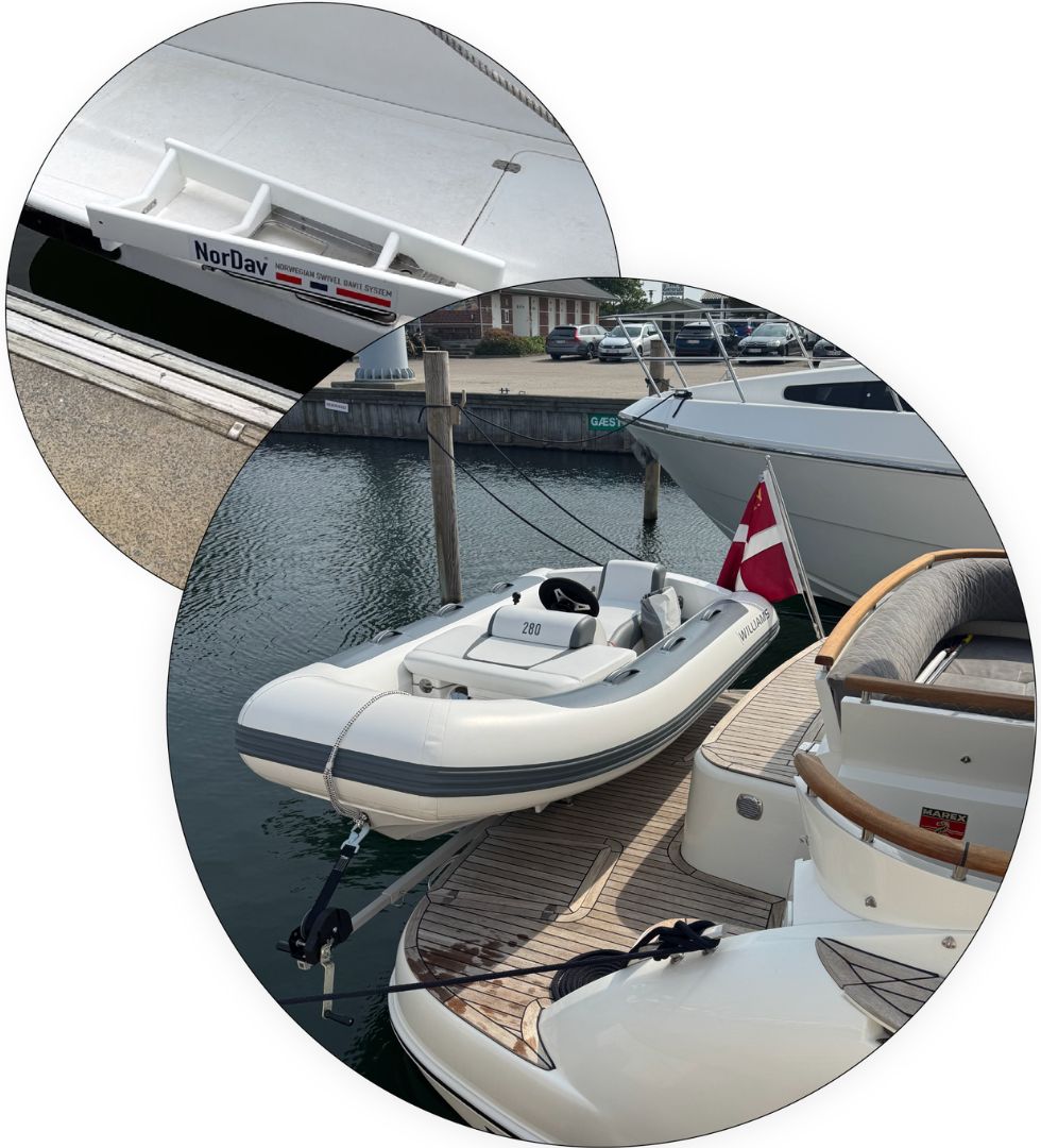 Combined overlapping display featuring a primary foreground circle showing a rigid inflatable boat (RIB) tender resting securely inside a NorDav™ vertical swivel davit system, backed by a secondary half-circle showcasing a low-profile base plate installation on a luxury boat swim platform.