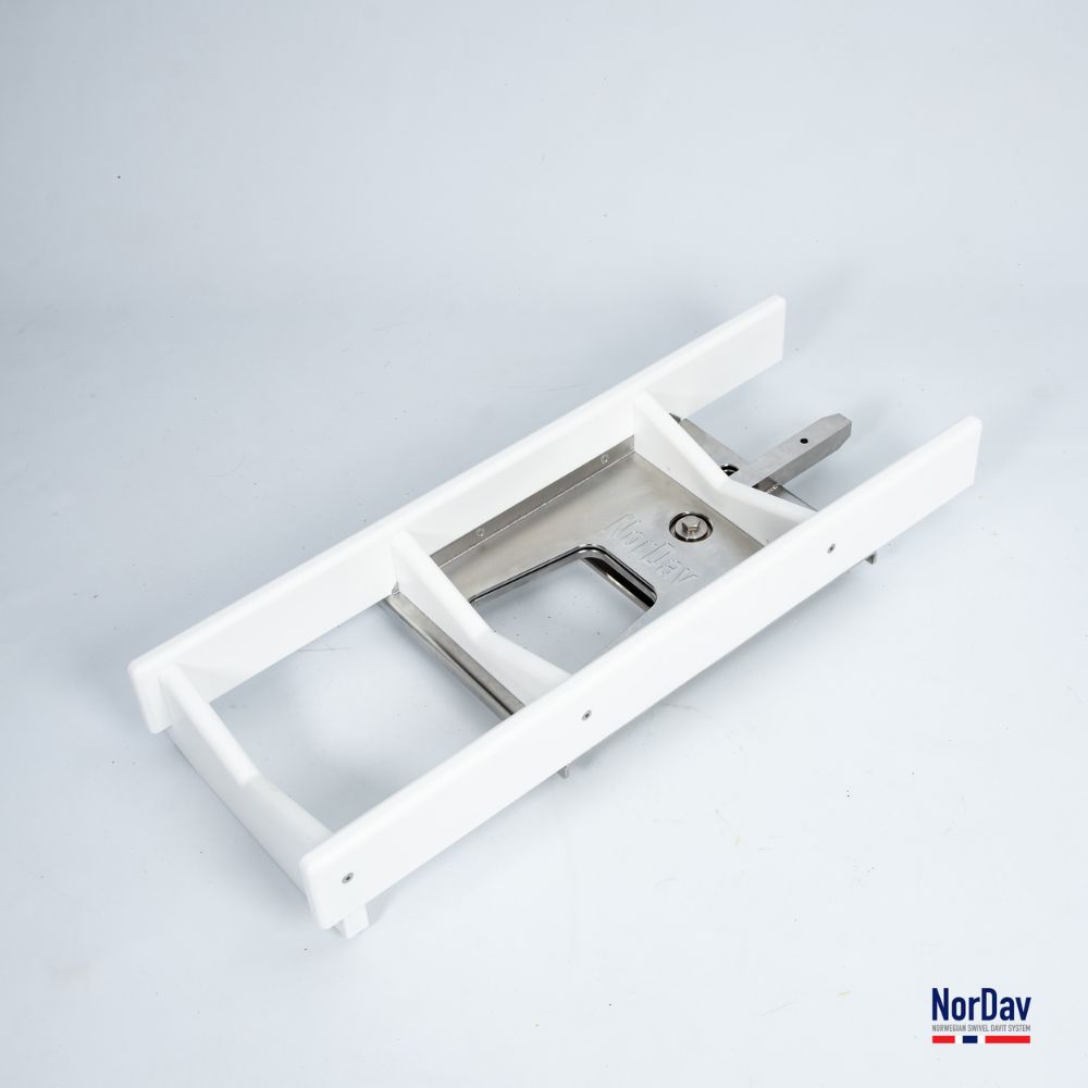 NorDav H-Series 350kg horizontal swivel davit system in white finish for boat swim platforms in Australia.