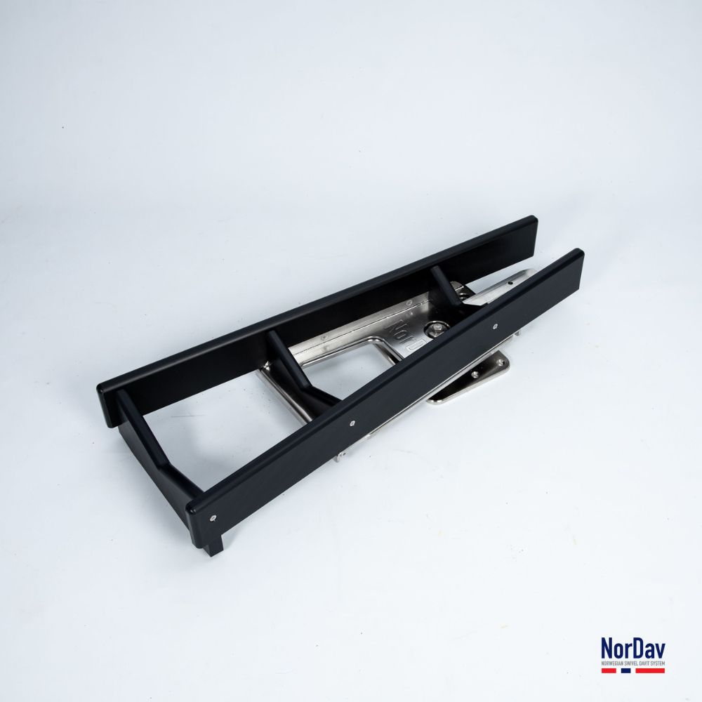 NorDav V-Series 500kg heavy-duty vertical profile swivel davit system in black finish on a boat transom in Australia.