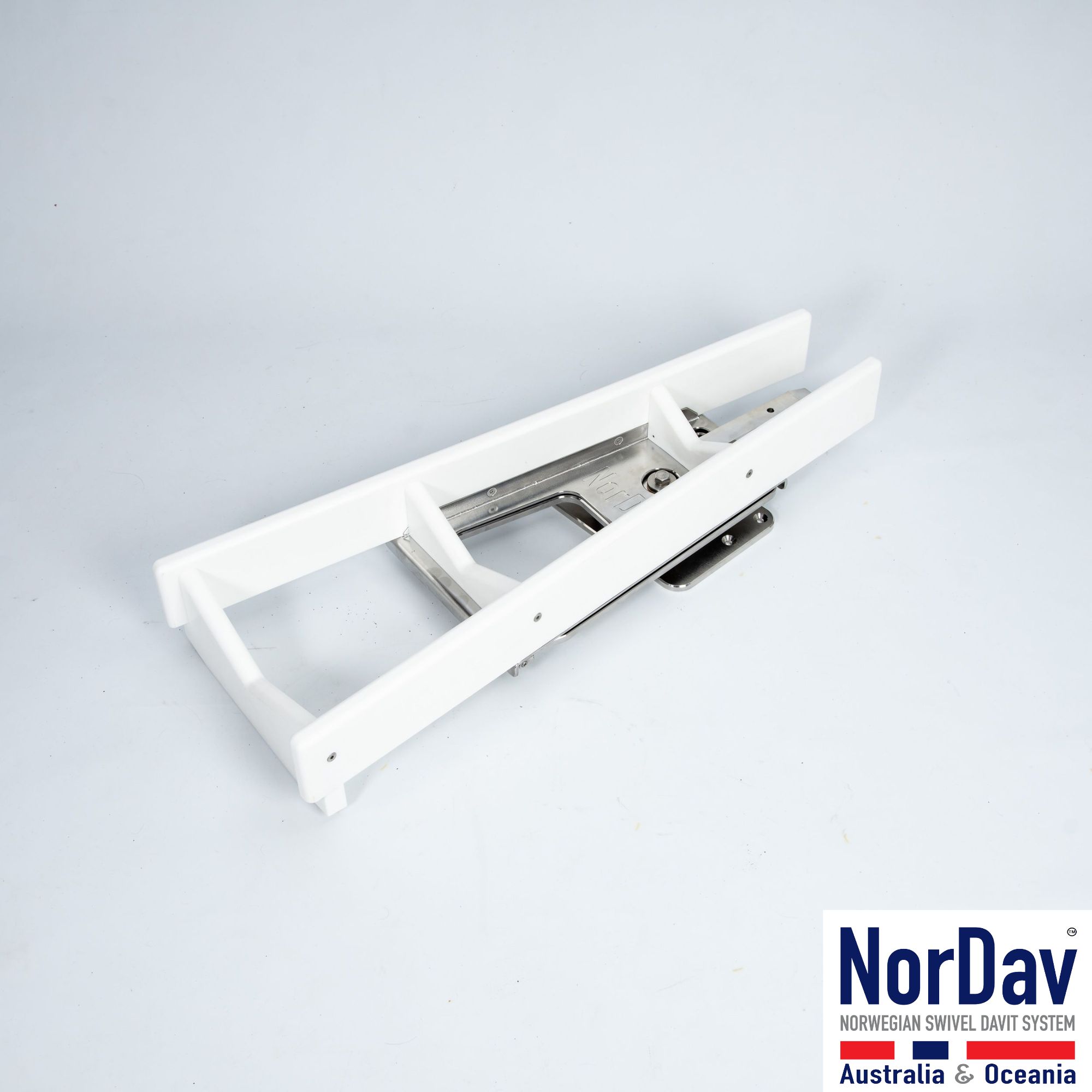 NorDav V-Series 350kg vertical profile swivel davit system in white finish for boat transom installations in Australia.
