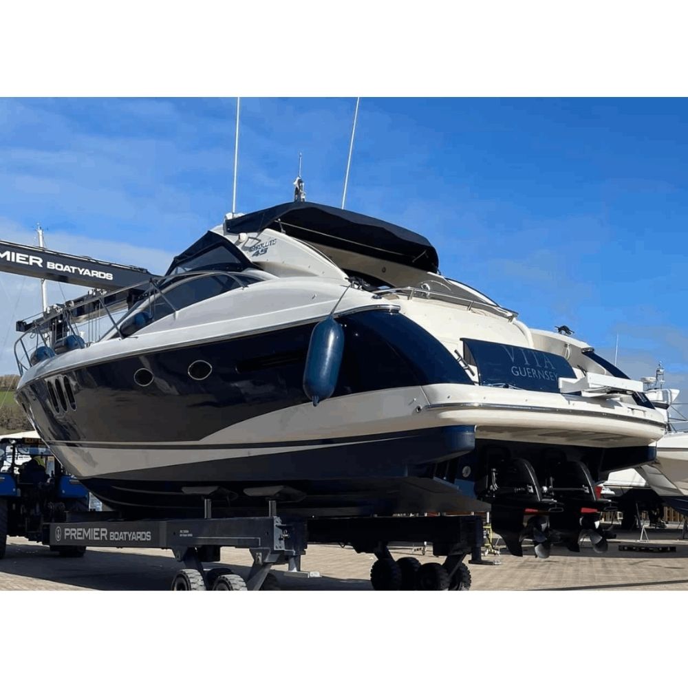 NorDav yacht tender davit extension bracket providing a 17cm offset past a stepped teak transom platform edge.