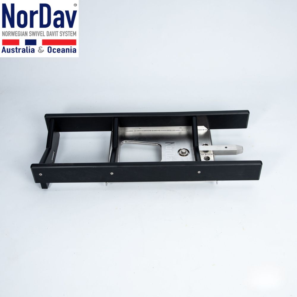 Black NorDav H-Series 1100lbs low profile PWC roller davit holding a full sized jet ski.