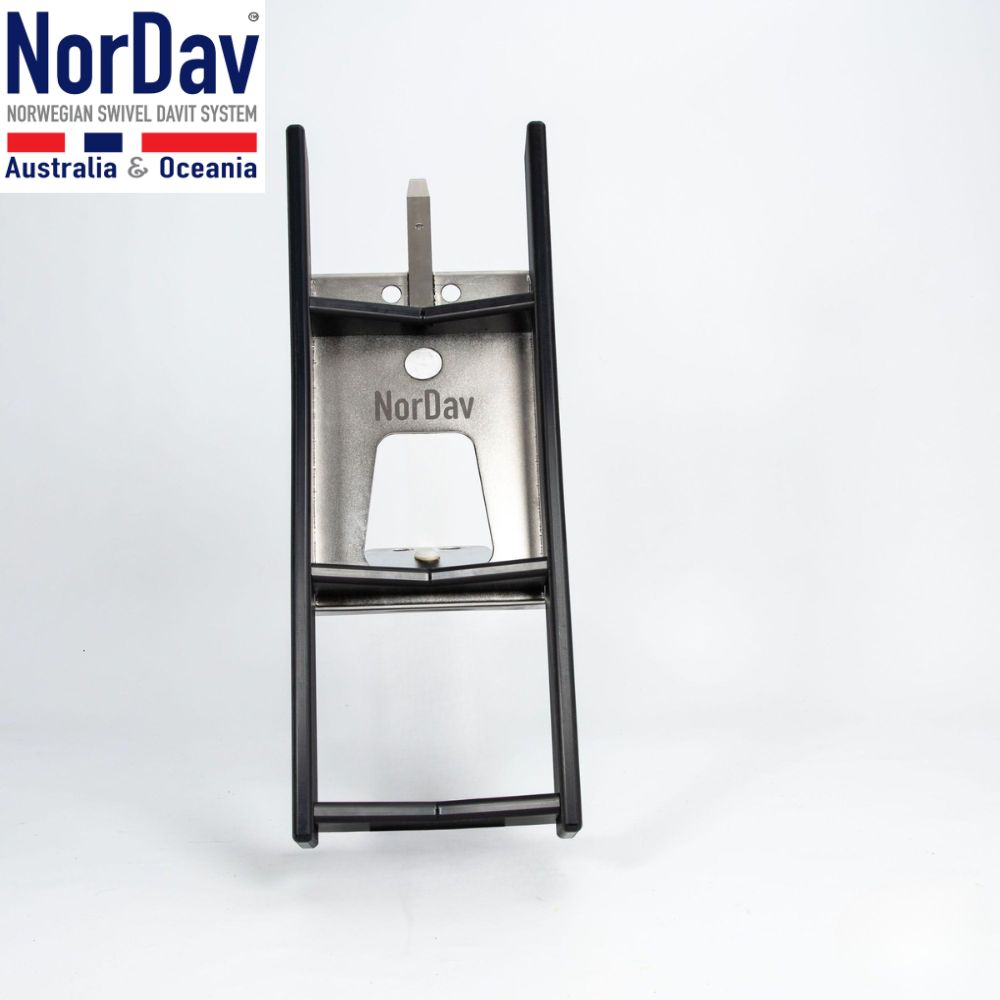 Angled profile view of the heavy duty NorDav H-Type black 500kg swivel boat tender lifter.