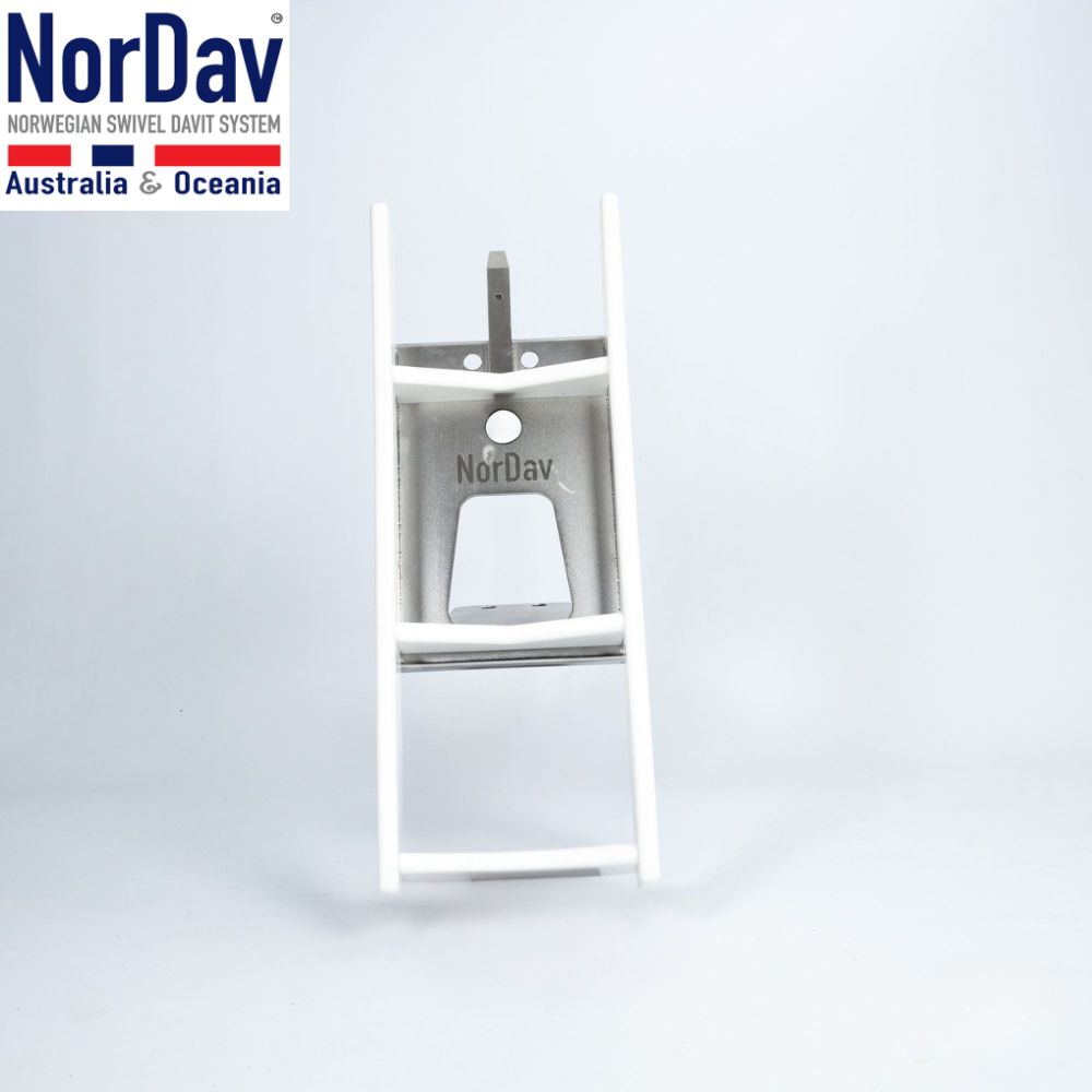 Angled profile view of the heavy duty NorDav H-Type white 500kg swivel boat tender lifter.