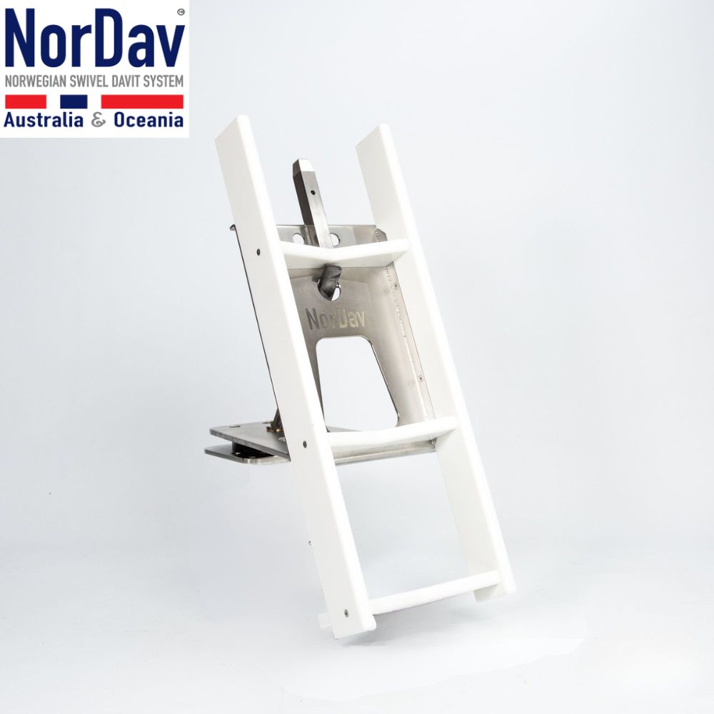 Close-up of the white NorDav H-500 horizontal davit base anchored to a boat swim platform.