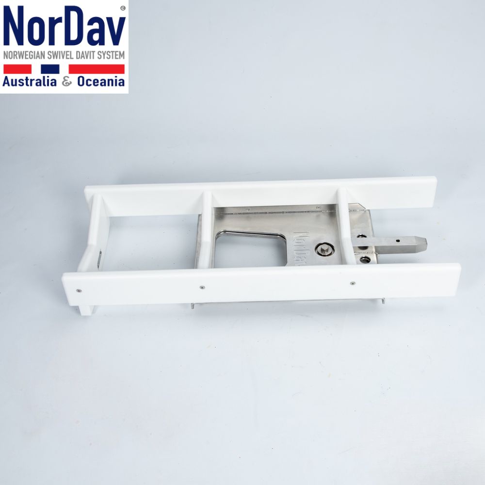 White NorDav H-Series 1100lbs low profile PWC roller davit holding a full sized jet ski.