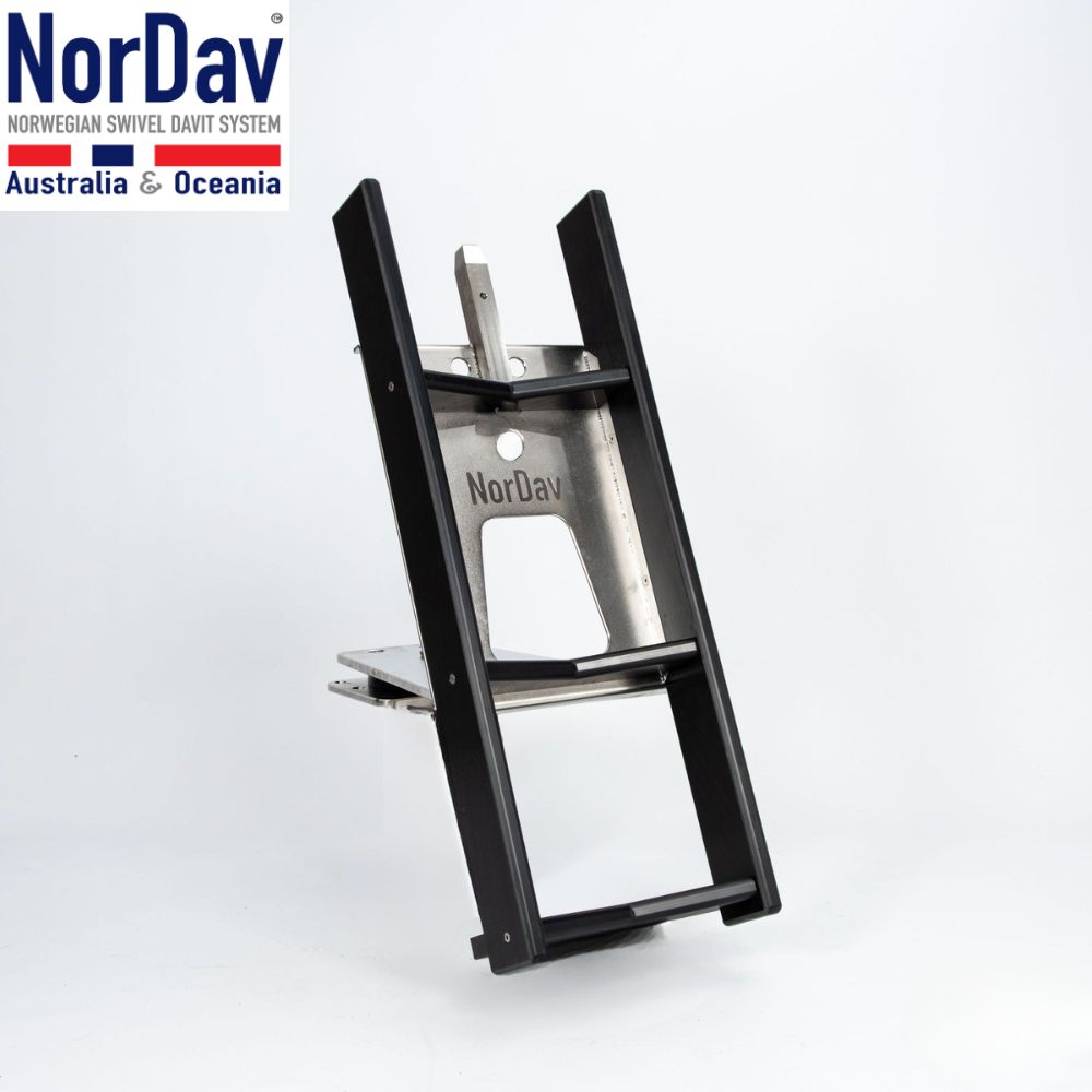 Close-up of the black NorDav H-500 horizontal davit base anchored to a boat swim platform.