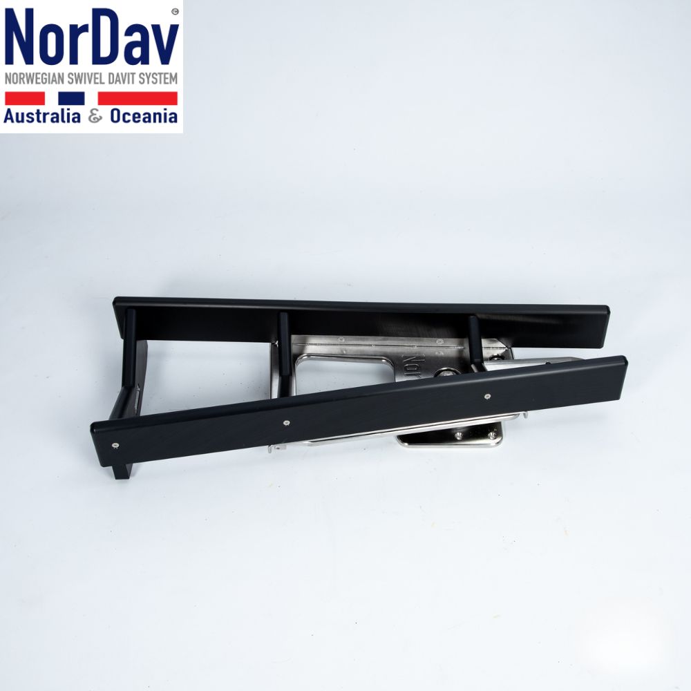 Complete hardware kit contents for the black NorDav V-Series 500kg vertical boat davit.