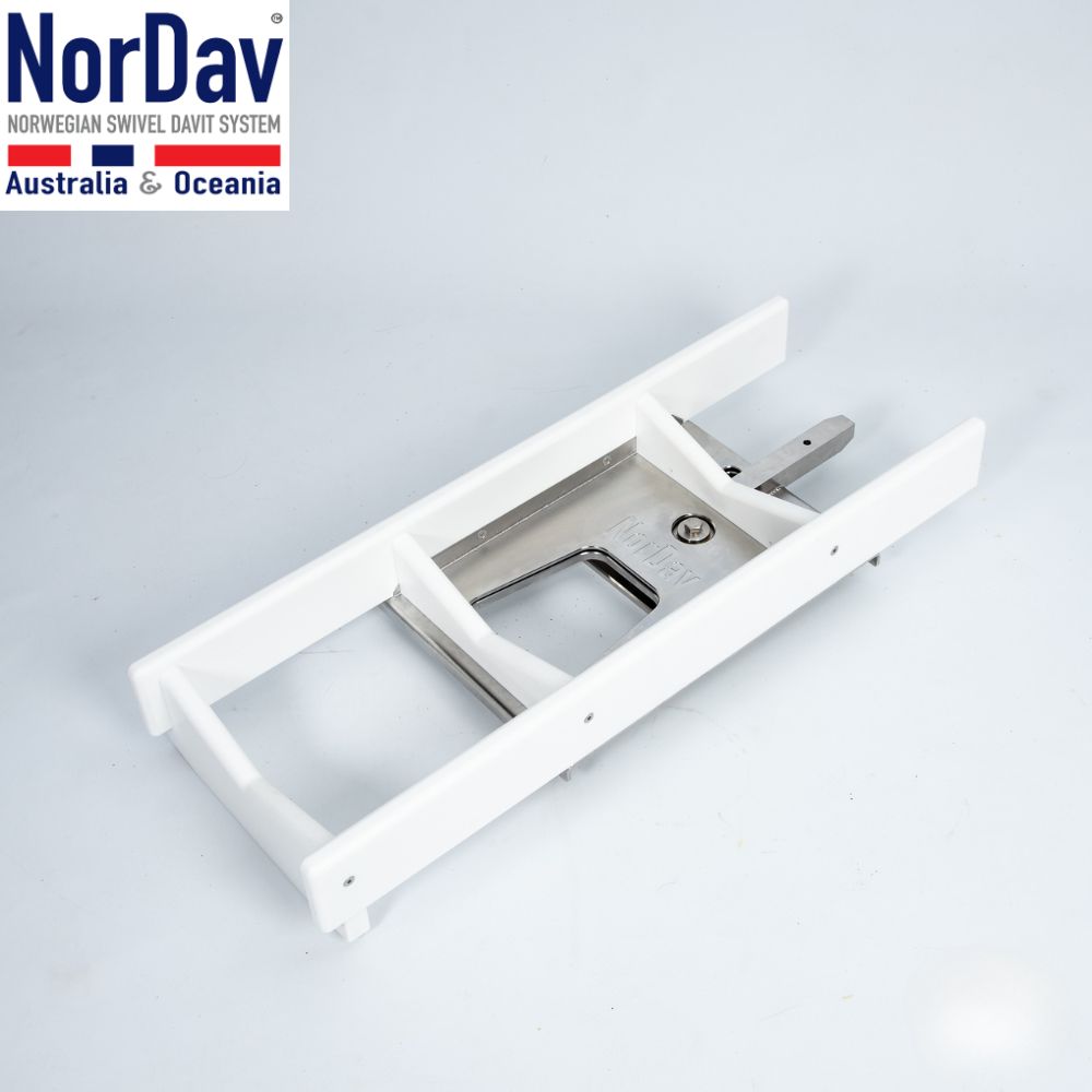 NorDav H-Series white 500kg horizontal swivel davit system for luxury yacht tenders.
