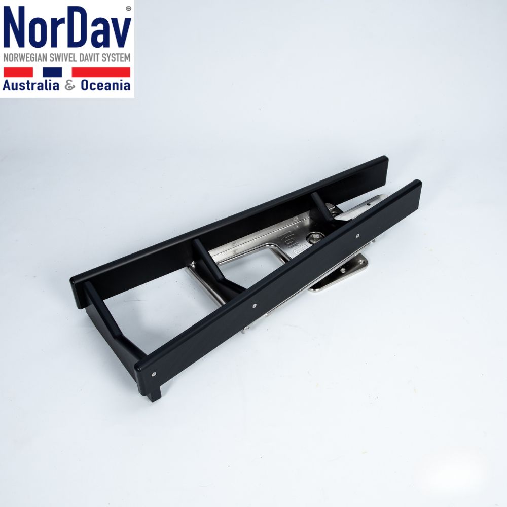 NorDav V-Series black 500kg heavy duty vertical boat davit system for large yacht tenders.