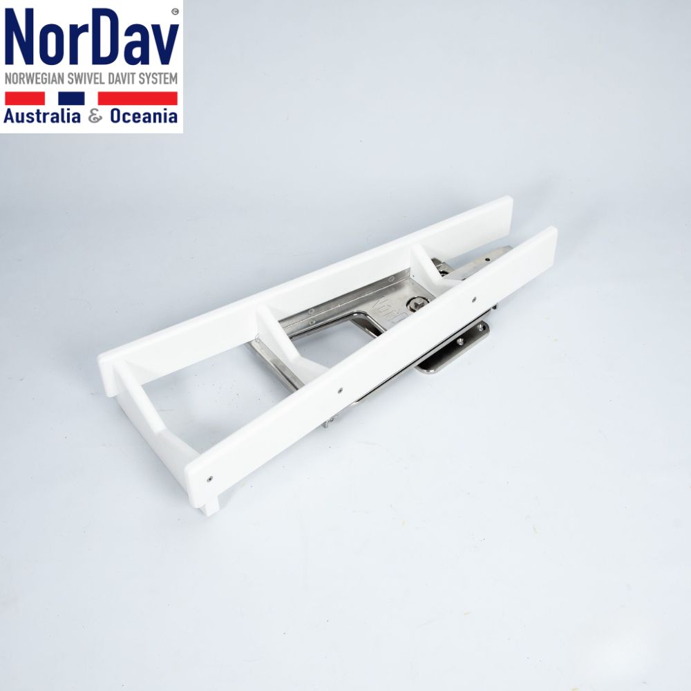 NorDav V-Series 350kg vertical profile swivel davit system in white finish for boat transom installations in Australia.