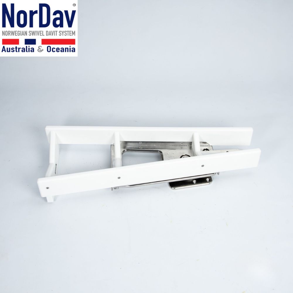 White NorDav V-Series vertical profile swivel davit system for boat transom tender launching.